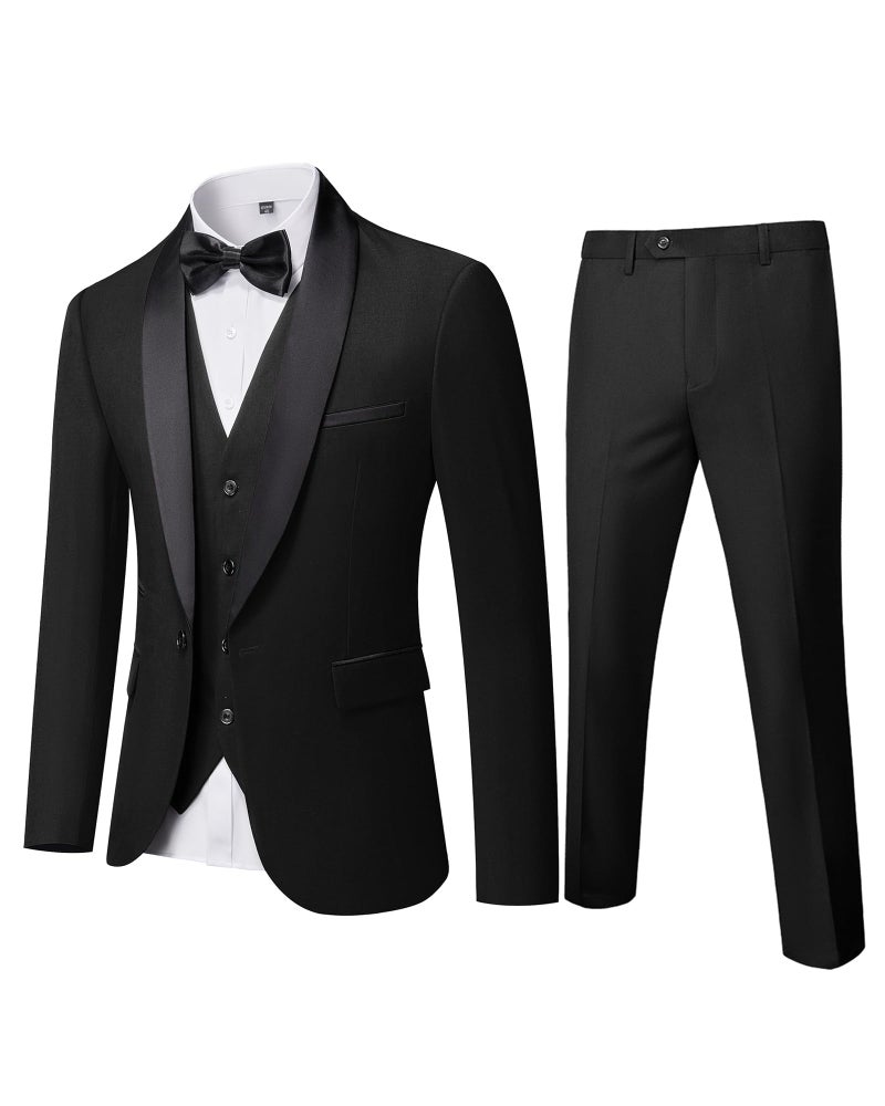 MYS MY'S Mens 3 Piece Tuxedo Set with Bow Tie, Shawl Lapel One Button Jacket Vest & Pants, Slim Fit Suit Prom Party Wedding Tux, Black - Image 1